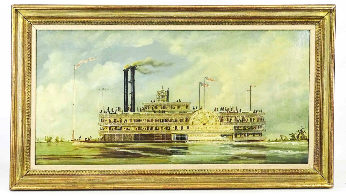 Bringing the top price of the June 5 sale was this American school painting of a the paddlewheeler Suzanna. It sailed to $11,800 and was purchased by a local collector bidding on the phone ($1/1,500).