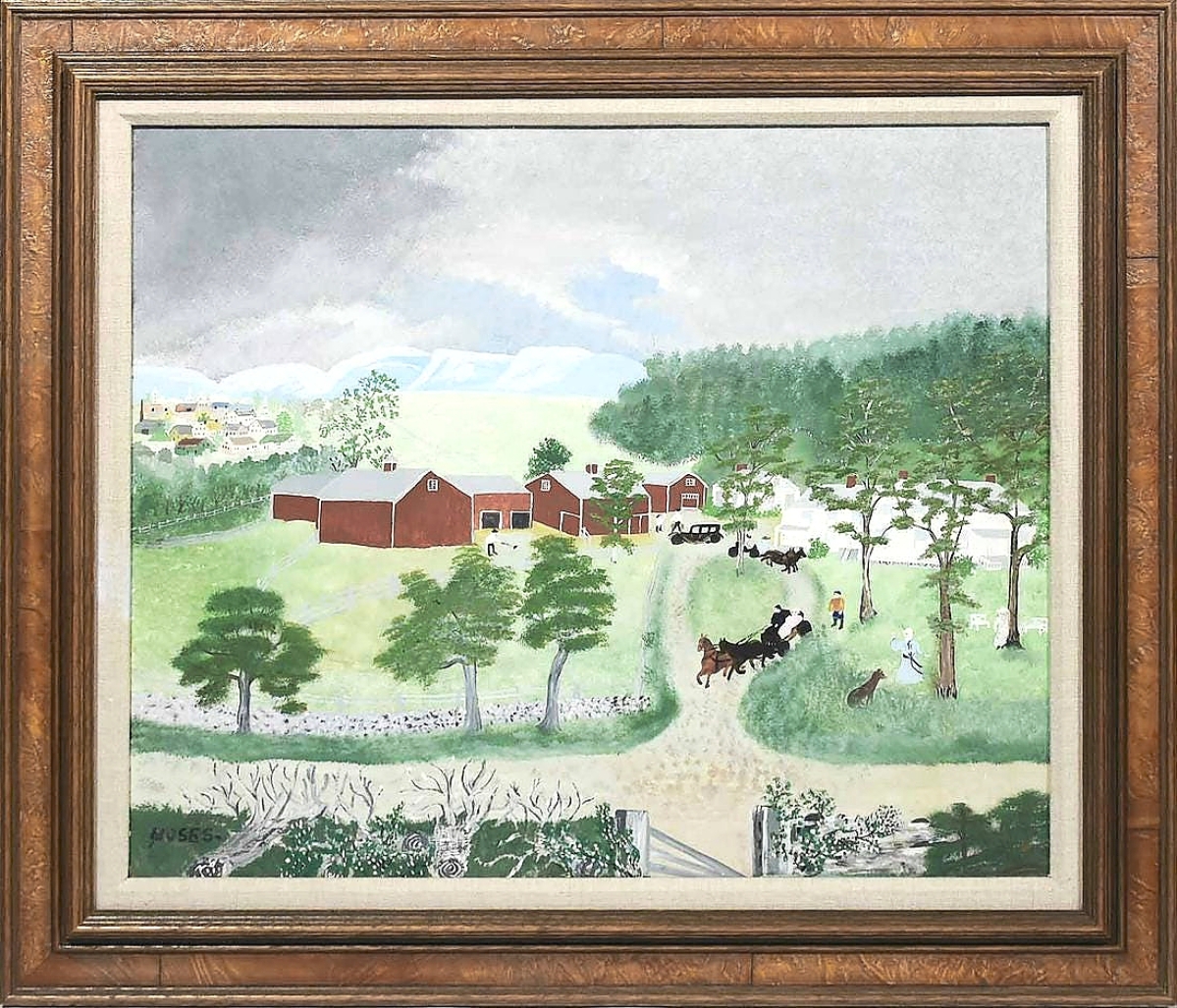 The Moses family was well-represented in this sale. The second highest price of the day was achieved by Grandma Moses’ “Grandma Moses Goes to The Country,” signed and dated 1944, which sold for $59,000. A winter scene by her daughter, Winona Moses Fisher, sold for $2,360 and there was also a set of paintings by her nephew, Wilfred Robertson.