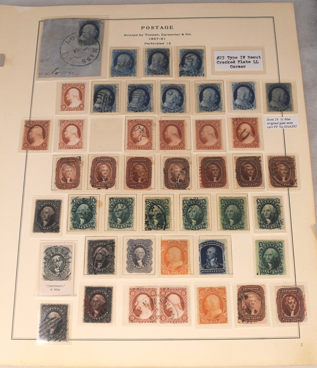 The stamps in the collection were selected for condition and with an eye toward completing a particular issue. This Scott’s album page with 43 stamps issued between 1857 and 1861 earned $4,560, the highest price for a single page.