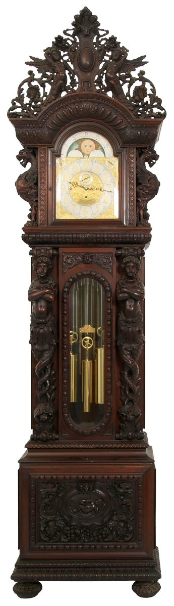 This R.J. Horner & Co. (New York, 1886-1915) mahogany grandfather clock, circa 1890, sold for $63,525. The dial was signed “Joseph Jennens, Skinner Street, Clerkenwell London,” and it had a movement with eight tubes, one signed “Jos. J., London,” and a cathedral gong, signed “Made in England.” The case was alive with winged griffins, female caryatids, scrollwork, filigree and the crest with two maidens flanking a cartouche shield.