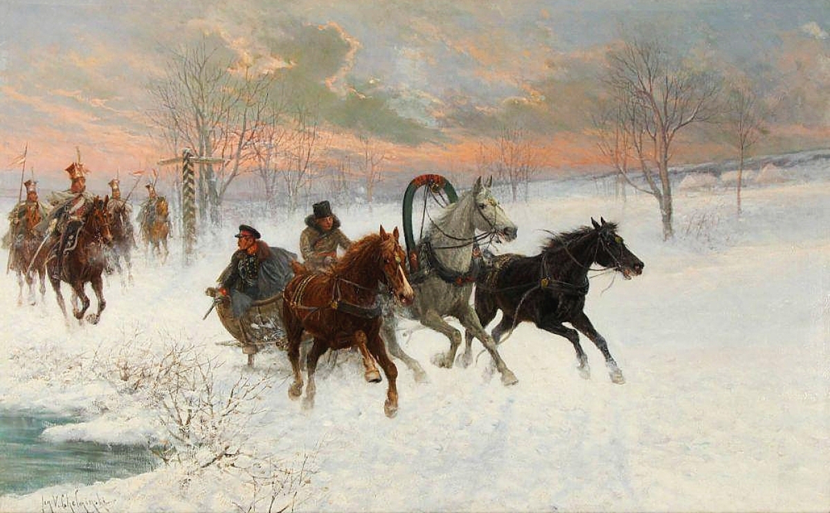 Jan Van Chelminski’s wintry scene of a troika with soldiers, done in oil on canvas, sold for $20,000, squarely within estimate ($15/25,000).
