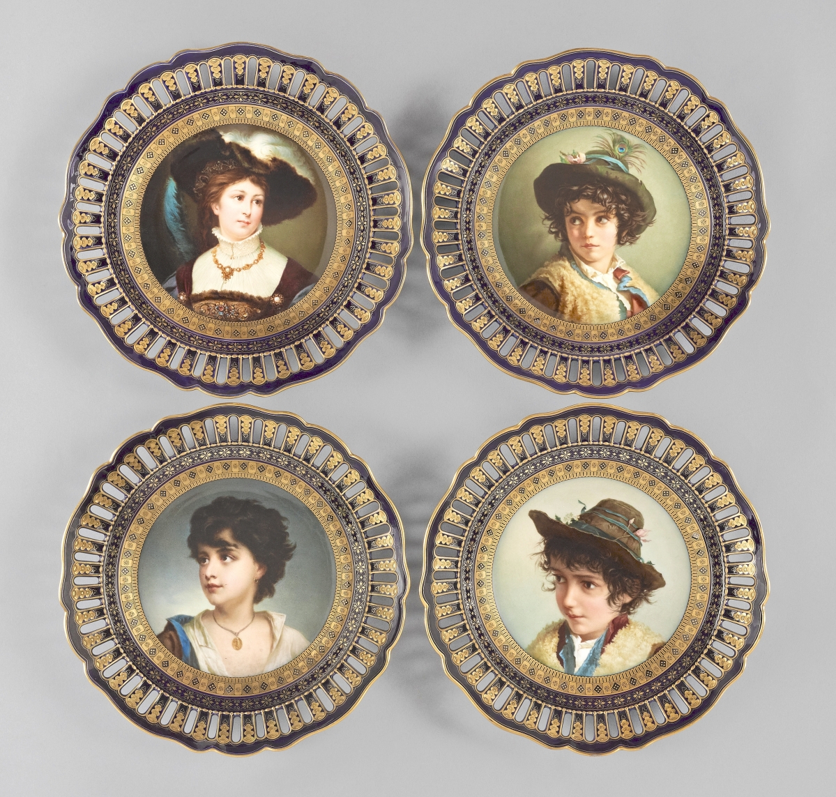 This set of four Meissen painted porcelain portrait plates brought more than ten times their high estimate and closed at $32,760 ($ ,000).