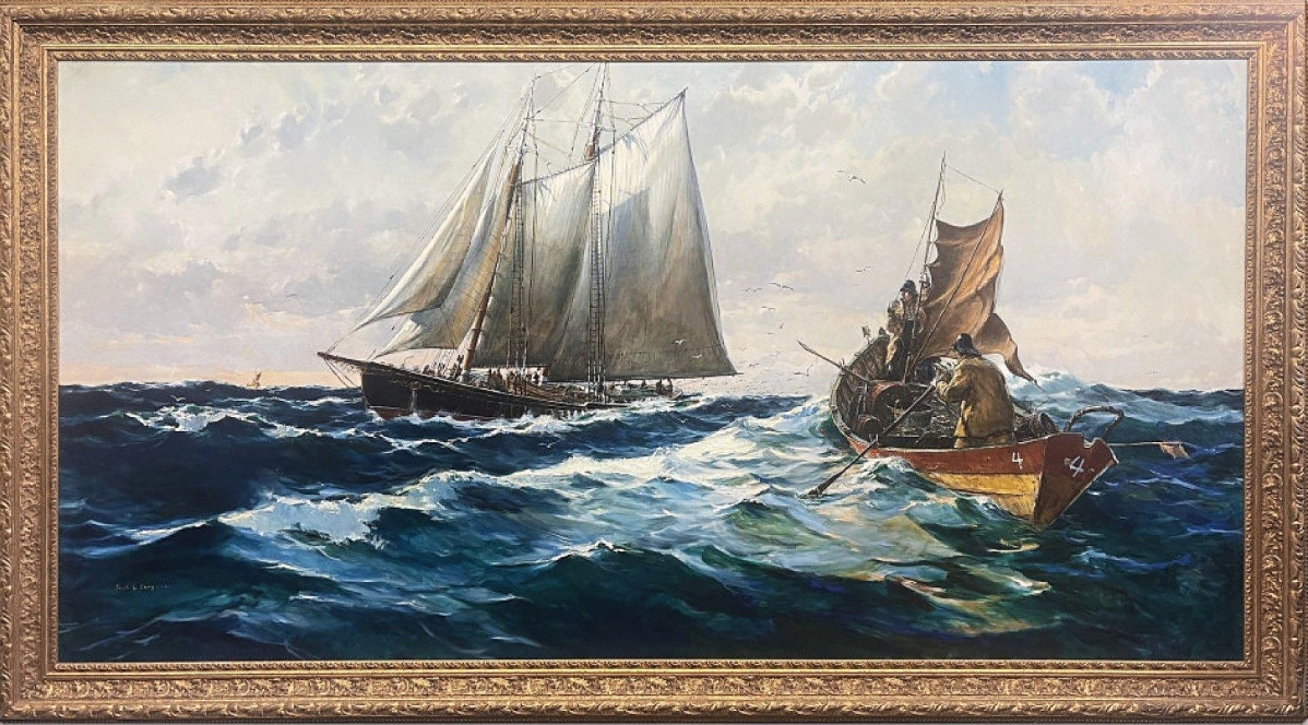 “The Canadian Fishing Schooner Delawana on the Grand Banks of the Newfoundland Coast” by Jack Lorimer Gray measured 72 by 132 inches in the frame and earned the description of “monumental.” It sold to an online buyer from Pennsylvania for $18,000 ($12/18,000).