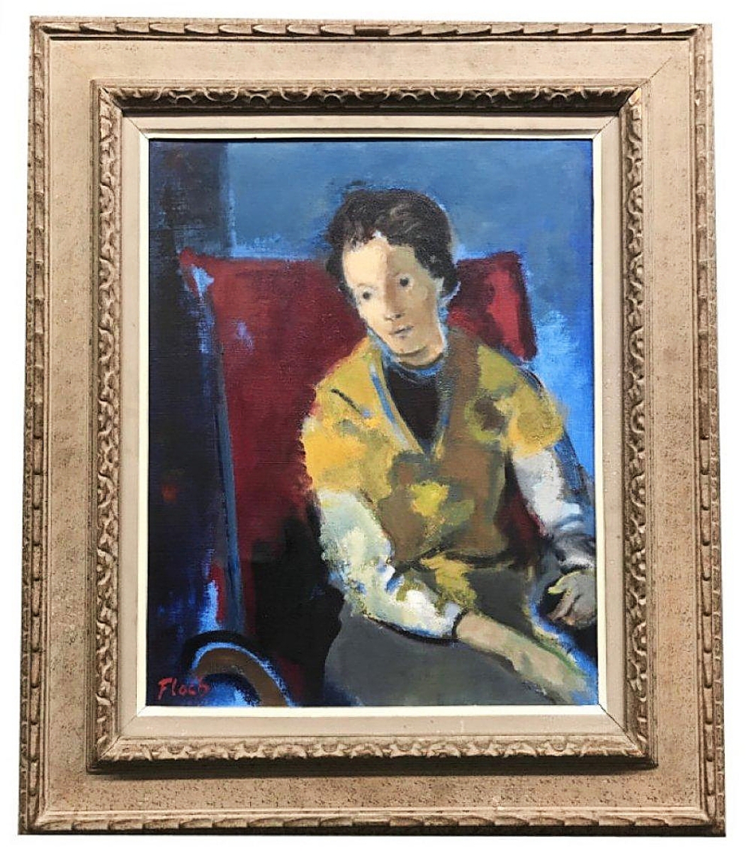 Joseph Floch’s oil on canvas portrait of a seated girl measured 20 by 16 inches and retained a label from the Forum Gallery. It made $10,200 from a buyer in the United States ($1,5/2,500).