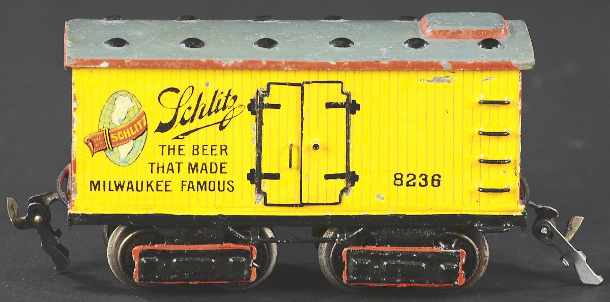 The top lot of the sale was this Schlitz beer car in O gauge by Marklin at $40,800. They were made for the American market and collectors today find them desirable for the company’s gusto as they sold a toy with beer advertising across it to children.