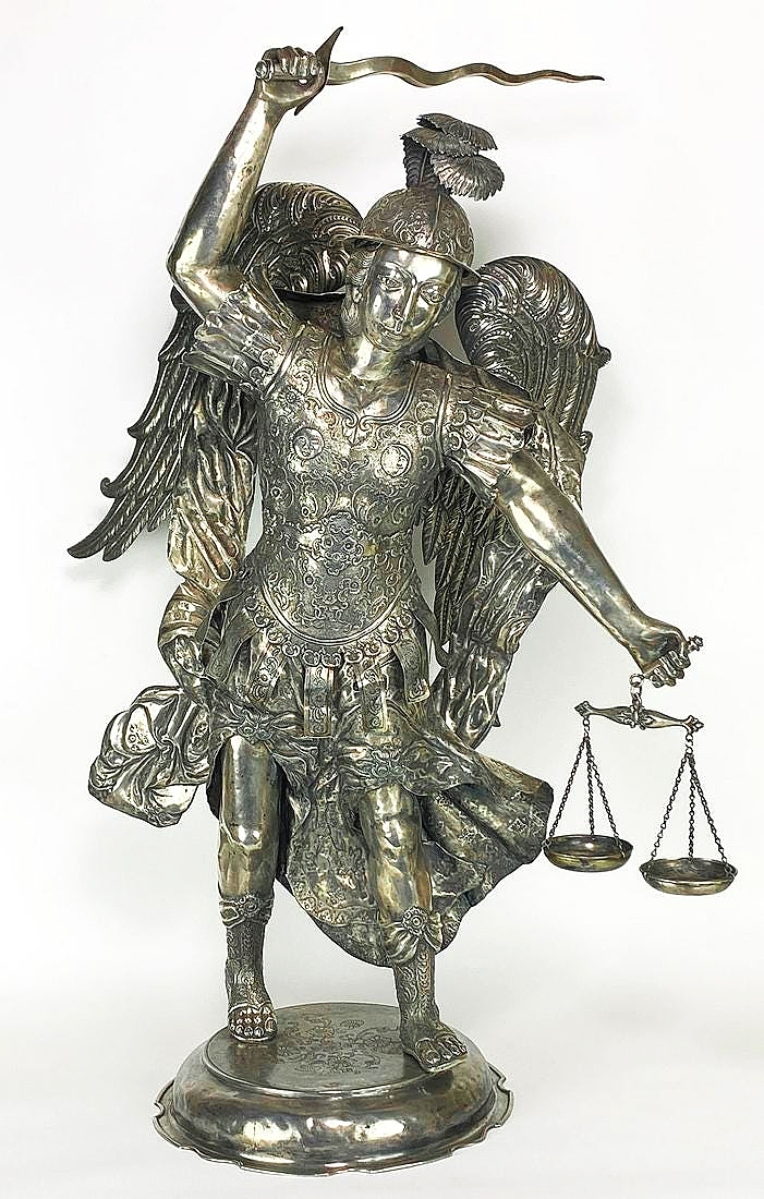 CRN’s recent sales have included portions of an exceptional collection of colonial Spanish silver. The outstanding piece in this sale was a late Eighteenth Century, 46-inch-tall archangel clad in chased and embossed silver armor, holding a sword and a scale and wearing an elaborate helmet, which brought $24,400.