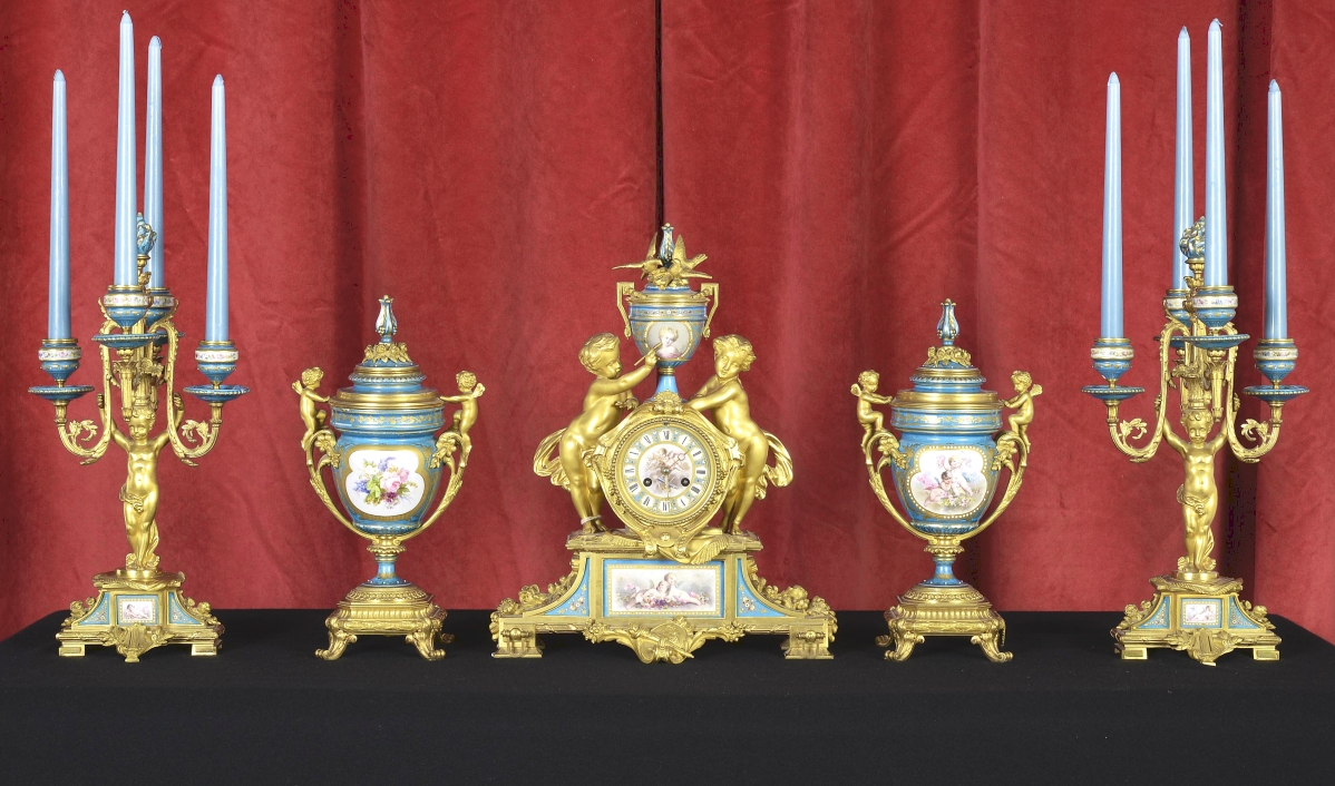 “That was gorgeous, really gorgeous,” Sal Trupiano said of the top lot in the sale, this five-piece Napoleon III gilt-bronze and Sevres porcelain mantel clock garniture set that had a movement stamped “J. Lefebvre Fils, Paris.” It sold to a trade buyer in the New York City area for $7,500 ($9/12,000).