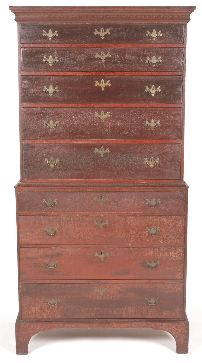 The selling points of this red-stained New England Queen Anne maple chest on chest included its original surface and hardware. A private East Coast collector, bidding on the phone, prevailed against competition to take it for $7,605 ($ ,000).