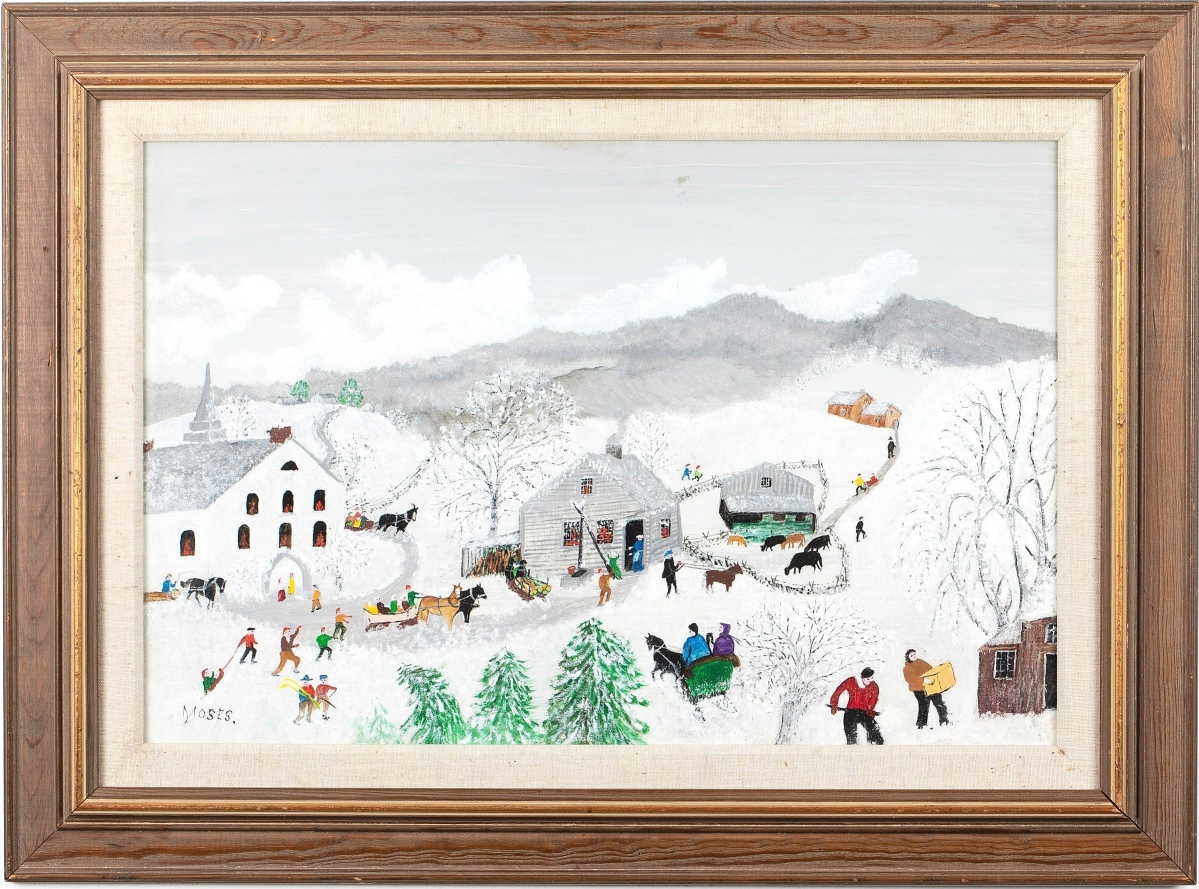 A Northeast collector, bidding online, took “Deep Snow” by Anna Mary Robertson “Grandma” Moses (New York/Virginia, 1860-1961) to $62,500. The work, which was done in 1957 in oil on Masonite, had been acquired from Hammer Galleries in New York City in 1980 and had been off the market since then ($60/80,000).