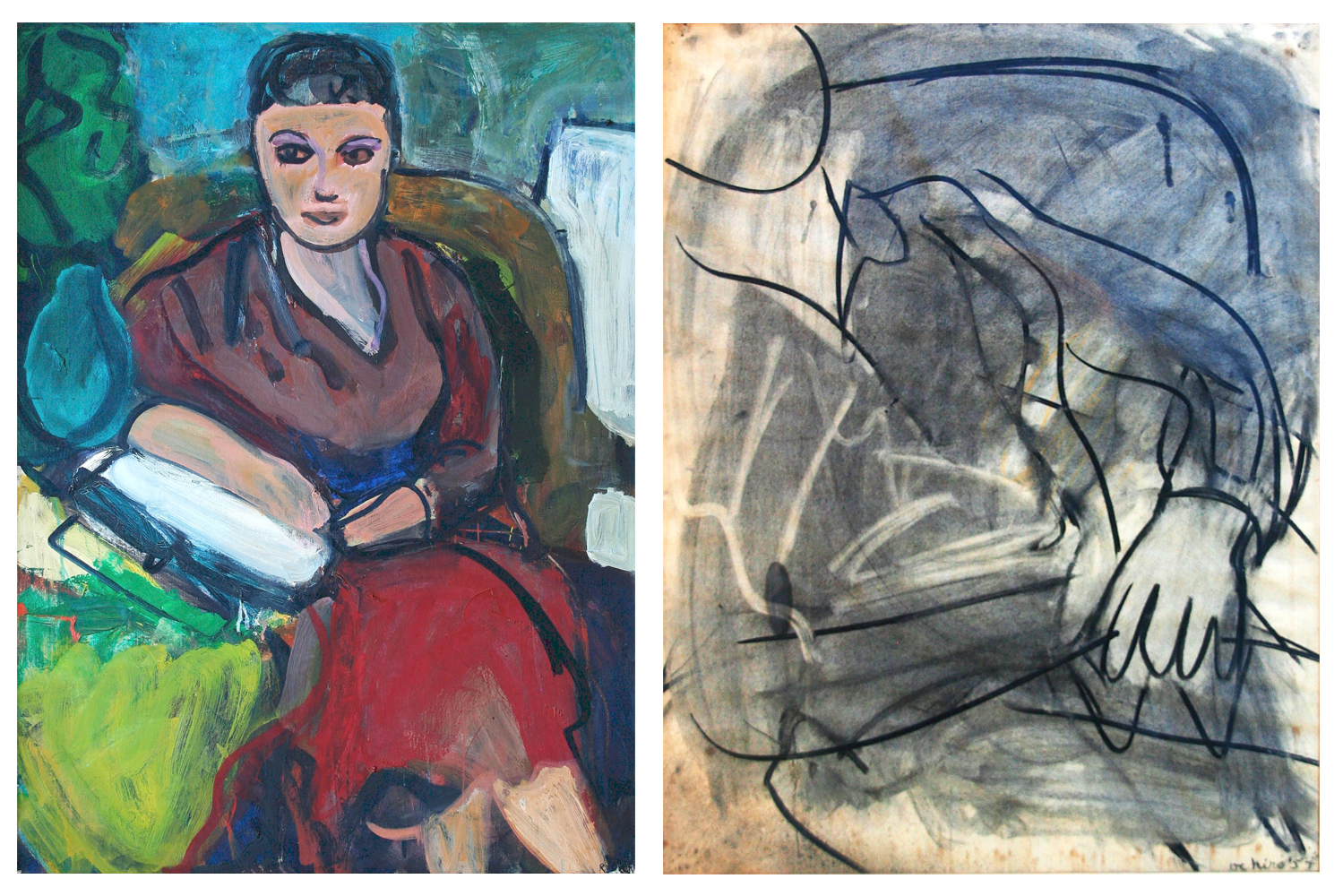 Two Robert De Niro Sr (1922-1993) pieces, “Portrait of a Seated Woman,” circa 1960, an oil on canvas, and “Seated Man,” 1957, charcoal on paper were bid to $8,400 and $2,160, respectively.