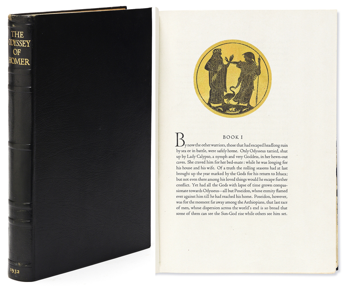 Homer, The Odyssey, with 26 black-on-gold roundels by Bruce Rogers in the style of ancient Greek vase paintings, one of 530 copies of the first T.E. Lawrence editions, with a handwritten letter by Lawrence, London, 1932, fetched $7,500.