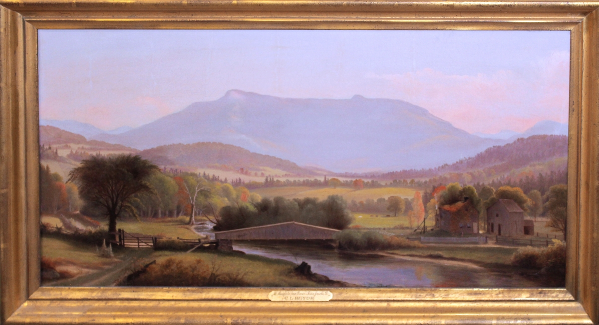 Charles Louis Heyde (1822-1892), a prominent New England landscape painter who lived in Vermont from the early 1850s until 1892, painted “Mount Mansfield in Autumn,” an oil on canvas landscape signed on the bridge, which realized $23,370. It had been included as #10 in the Fleming Museum exhibition catalogue raisonné and measured 17 by 34 inches.