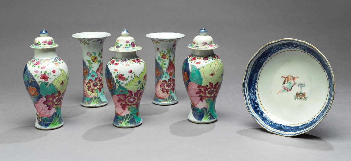 Five-piece garniture, Jingdezhen, China, circa 1785, hard-paste porcelain; together with a small dish, Jingdezhen, China, circa 1785, hard-paste porcelain, bearing the insignia of the Society of the Cincinnati.