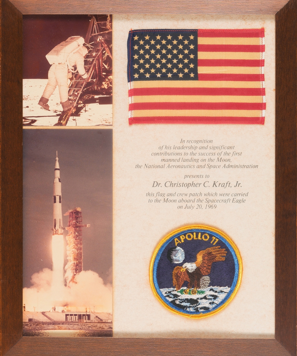 “We cannot find another embroidered Apollo 11 patch that flew on the mission,” sale director Michael Riley said. “There were beta cloth patches that flew, but this is the only embroidered Mission Insignia patch that’s turned up. It flew to the surface of the moon in the Lunar Module Eagle. That was such a landmark mission and Kraft had so much to do with it. It was one of the last missions before he retired from being flight director.” At $137,500, interest was strong in this embroidered Mission Insignia patch from the collection of Chris Kraft. It came with a Lunar Module-flown American flag.