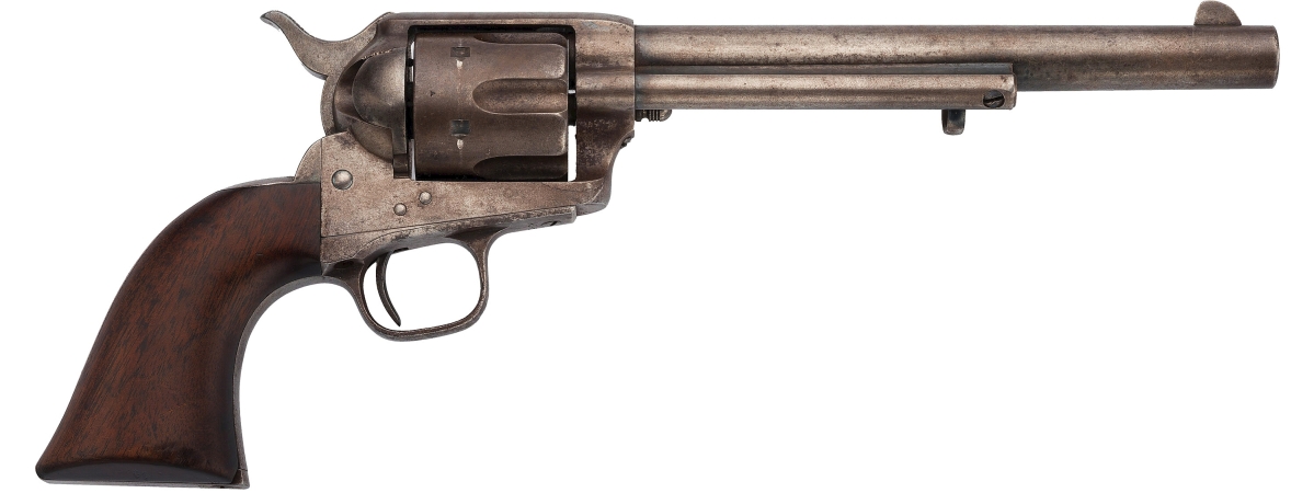 The sale’s top lot had solid provenance. Dr Kenneth Leonard purchased this US Colt Single Action Army Revolver from a family in Little Eagle, S.D., on the Standing Rock Reservation in 1962. Kenneth practiced medicine on patients at the reservation and was a known collector of Indian-used arms, acquiring them from these families when making his rounds. It features a serial number that places it within the correct range of those issued to Custer’s 7th Cavalry and the 1962 sellers acknowledged it had been taken at the Battle of Little Bighorn by their ancestors. The revolver sold the highest of any Custer Colt in the sale, earning $47,500.