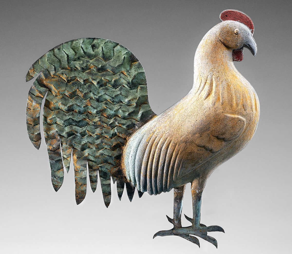 Small rooster by J. Howard & Co., West Bridgewater, Mass., circa 1856-67. Painted and gilded copper and cast zinc, 13 by 12½ by 3 inches. Collection of Jane and Gerald Katcher, photo Gavin Ashworth.