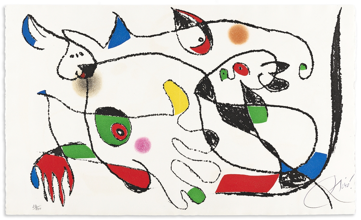 Joan Miró and Jacques Prévert, “Adonides,” portfolio with complete text and 44 en-texte and 1 hors-texte double-page color etchings with aquatint, signed by the artist, Paris, 1975, was bid to $6,500.