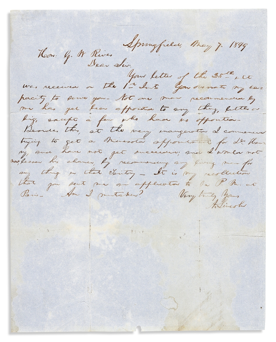 Abraham Lincoln, autograph letter signed to Whig activist George W. Rives, replying to his request for a recommendation to a position in Minnesota, Springfield, 1849, garnered $16,250.