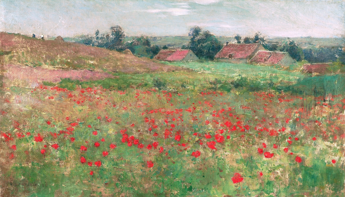 “Poppy Field (Landscape at Giverny)” by Willard Metcalf (American, 1858-1925), 1886, oil on canvas, 10-  by 18-5/16 inches. Collection of J. Jeffrey and Ann Marie Fox.