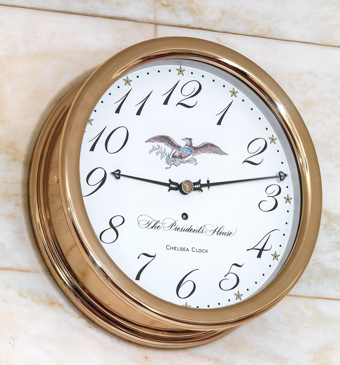 A gift to the White House from the White House Historical Association, the wall clock that hangs in the Ground Floor corridor above the doorway leading to the president’s elevator was custom made in 2020 by the Chelsea Clock Company, in Chelsea, Mass. Photo credit: Bruce White photo for the White House Historical Association.
