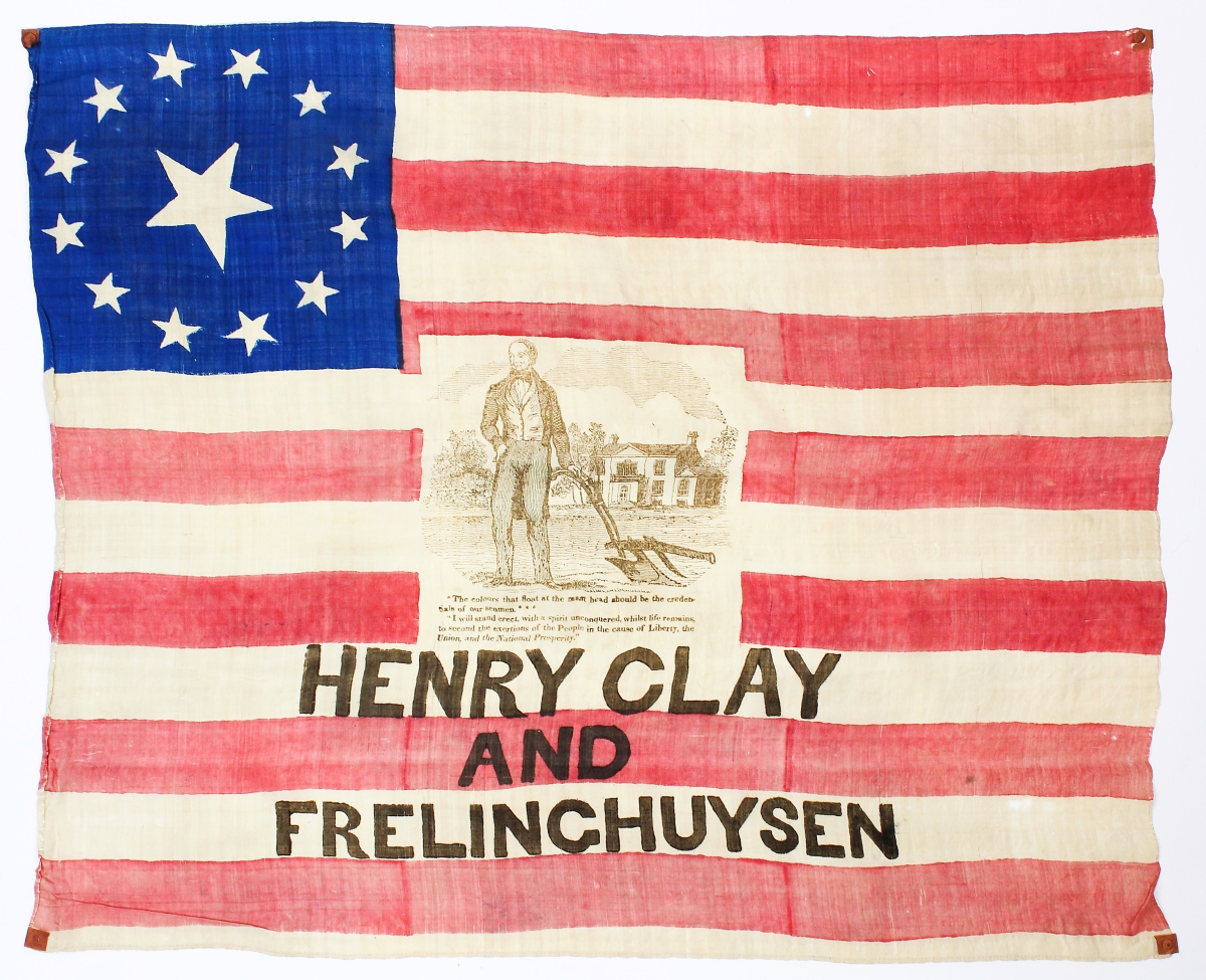 One of two extremely scarce 1844 US presidential campaign flags for Whig Party candidates Henry Clay and Frelighuysen that captured a combined $44,280, this example printed on silk centered an image of a farmer in the field with his plow and the motto “The colors that float at the mast head should be the credentials of our seamen...”