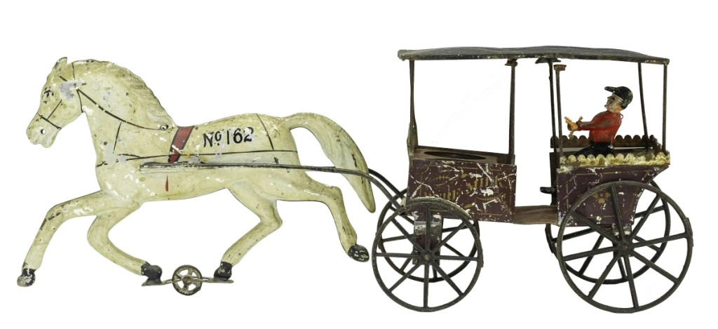 Leon Weiss believed that the painted No 162 on this Merriam Mfg Co., Pure Milk Delivery Wagon, a tin toy, may have correlated to its model number used to order it from the company. “Maybe no one ever did, though,” Weiss said, “We’ve never seen another.” It was in the Weiss Family collection for more than 20 years before passing to William Holland and Bernard Barenholtz. It sold for $12,000.