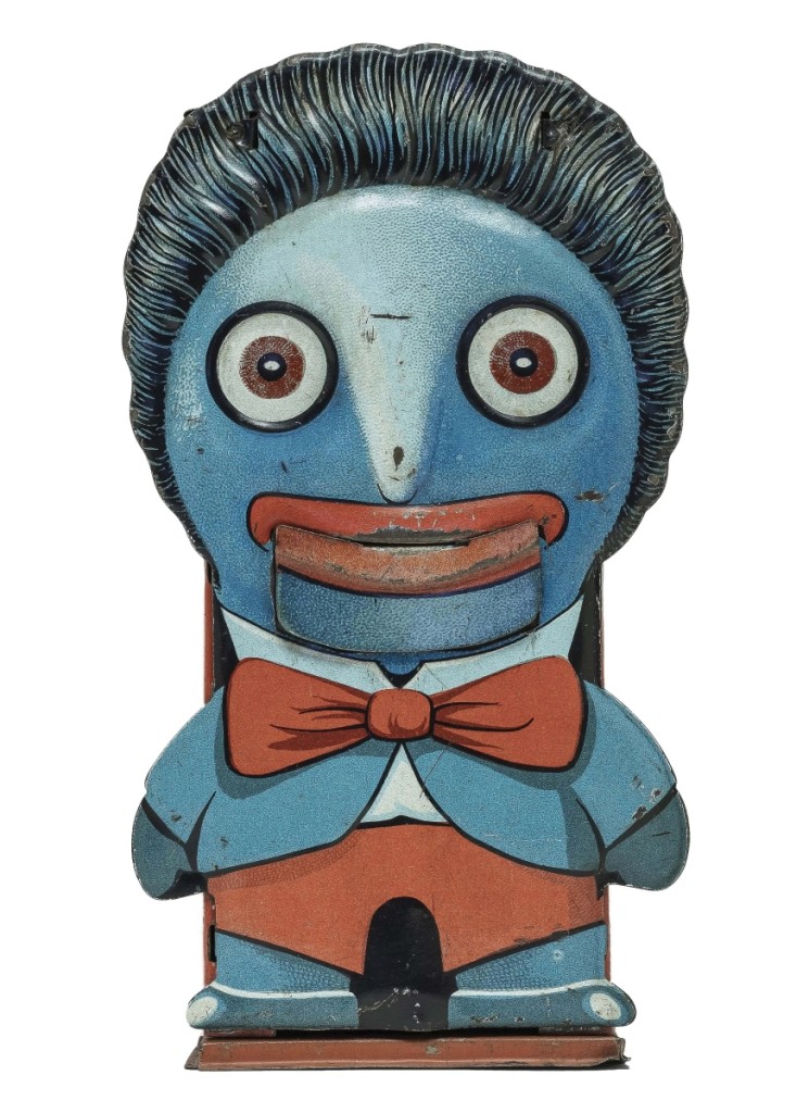 Only three or four tin lithographed Golliwog banks by Saalheimer & Strauss are known. Four bidders chased it to $21,600, the second highest lot in the sale. Leon Weiss said it was likely made for the English market.