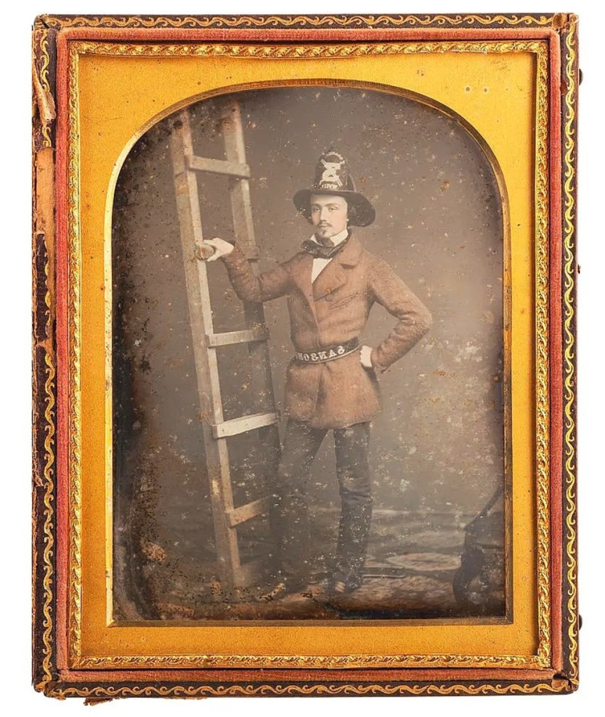 There were plenty of desirable aspects to lure in early photography collectors to this half-plate daguerreotype that brought $31,250. It features firefighter Walter Van Erven Dorens, a Dutch immigrant who arrived in California for the Gold Rush. He wears the uniform for the Sansome Hook and Ladder No. 3 of San Francisco, listed on its registry in 1854. The daguerreotype surfaced in the Netherlands and had never been on the market before.