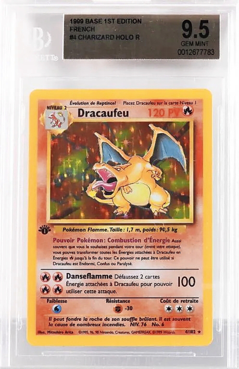 A Charizard Pokémon Base First Edition in French, graded BGS 9.5, would take the highest of any individual card at $9,600.
