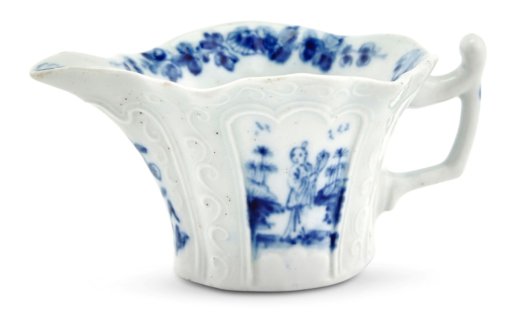Small piece, big price. Bringing $59,850 and the third highest price in the sale was this 1½-inch-tall Lund’s Bristol porcelain hexagonal blue and white cream boat that was marked “Bristol” underneath ($10/15,000).