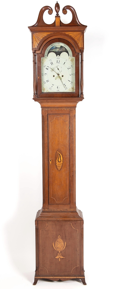 The top clock of the sale was this Valley of Virginia Federal inlaid cherry tall case clock from Montgomery (now Pulaski) County, which ticked to $23,900. It had provenance to a private collection in Middleburg, Va. ($15/25,000).