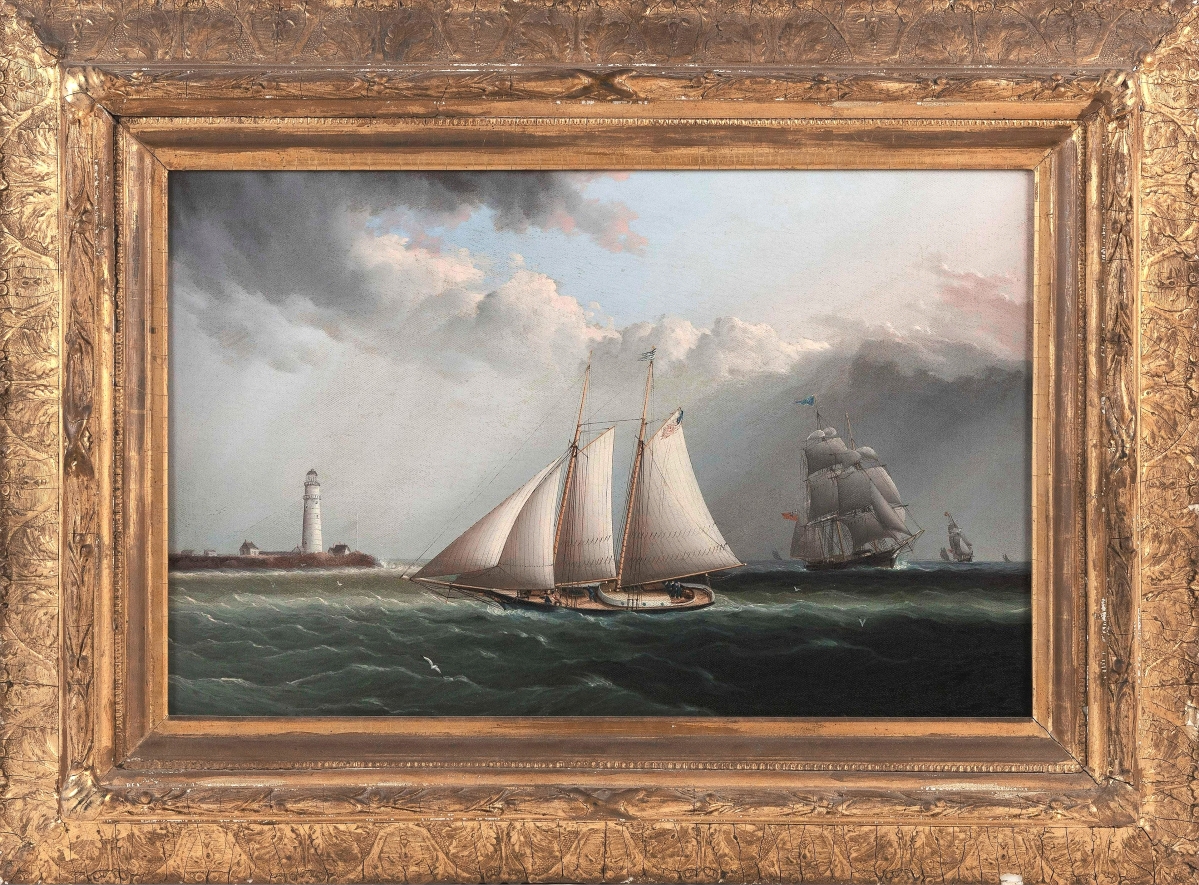 A yachting scene attributed to James Edward Buttersworth (American/English, 1817-1894) sold at mid-estimate for $26,250. Signed lower right “J.E. Buttersworth,” the oil on canvas measured 14 by 22 inches.