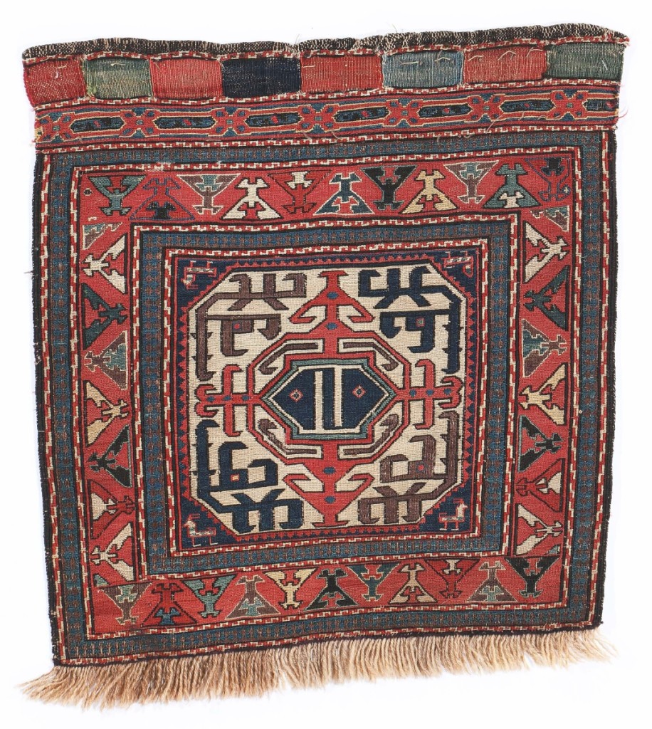 Can you see the “eyes” of a dragon-like beast in this mid-Nineteenth Century Shahsevan Khorjin Trans-Caucasus bag face? An online bidder who paid $19,200 for it will be studying its attributes.