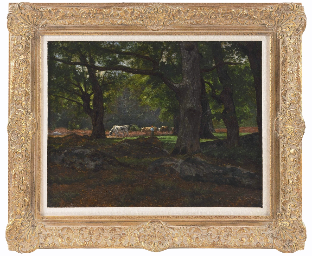Fetching $22,250, a scene of cattle viewed through the trees by American tonalist Edward Mitchell Bannister (1828-1901) outpaced its $8/12,000 estimate.