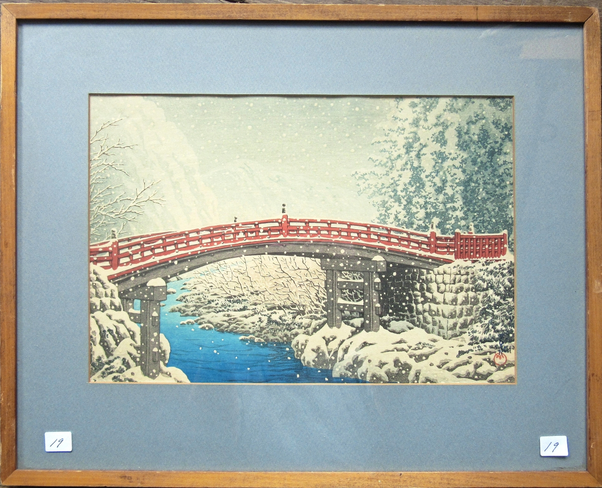 “Snow of Shinkyo,” a Japanese woodblock print by Kawase Hasui Kawase (1883-1957), recognized toward the end of his life by the Japanese government as a Living National Treasure for his contribution to Japanese culture, sold for more than ten times its high estimate, finishing at $2,508.