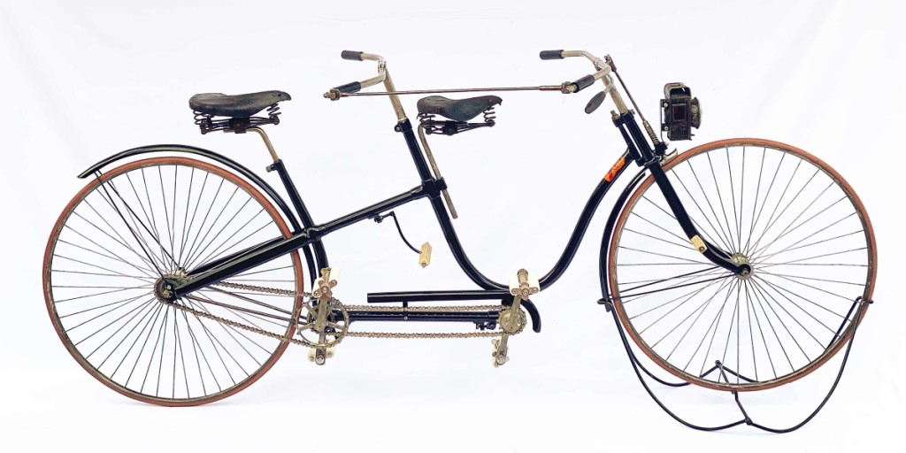 Purchased by an American collector was the sale’s top lot at $20,650, an 1889 Psycho Safety Tandem by the Starley Brothers, St John’s Works, Coventry, England. Fallon said less than a dozen examples are known from what is thought to be only 100 ever made. “You don’t see tandems from that period,” the auctioneer said.