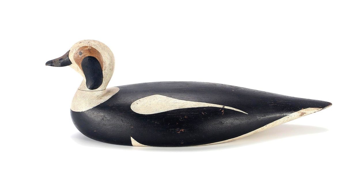 Orlando Bibber, South Harpswell, Maine, is believed to only have made decoys for his own use. John Dinan in The Great Book of Wildfowl Decoys describes them as “the best carvings on the coast.” Bibber’s long-tailed drake earned $150,000.