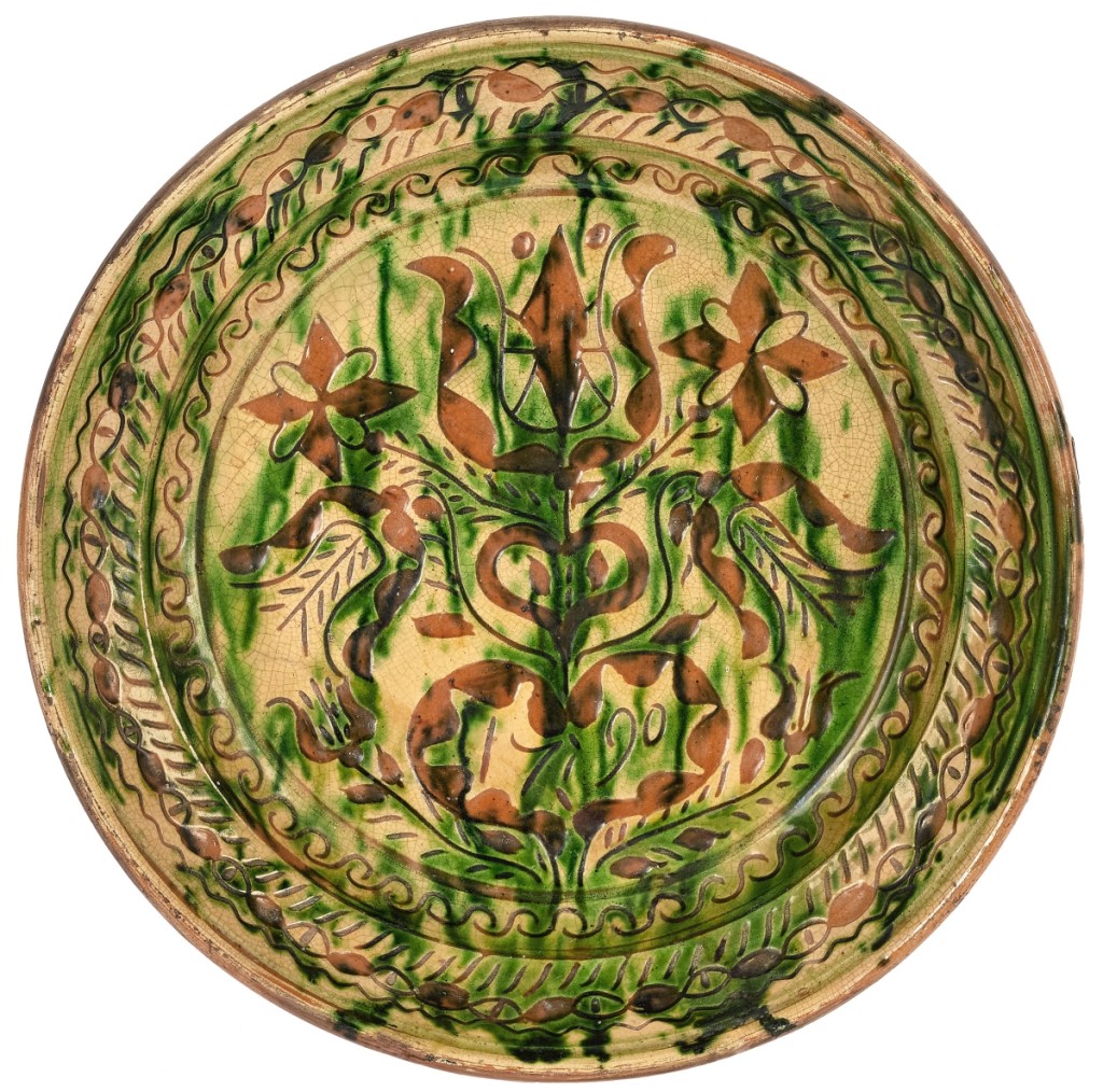 A Pennsylvania redware collector paid $36,900 for this important Montgomery County, Penn., sgraffito redware charger, that was dated 1790 and attributed to George Hubener. James Pook thought that had it not had a “pretty significant repair,” it might have sold for six figures ($20/30,000).