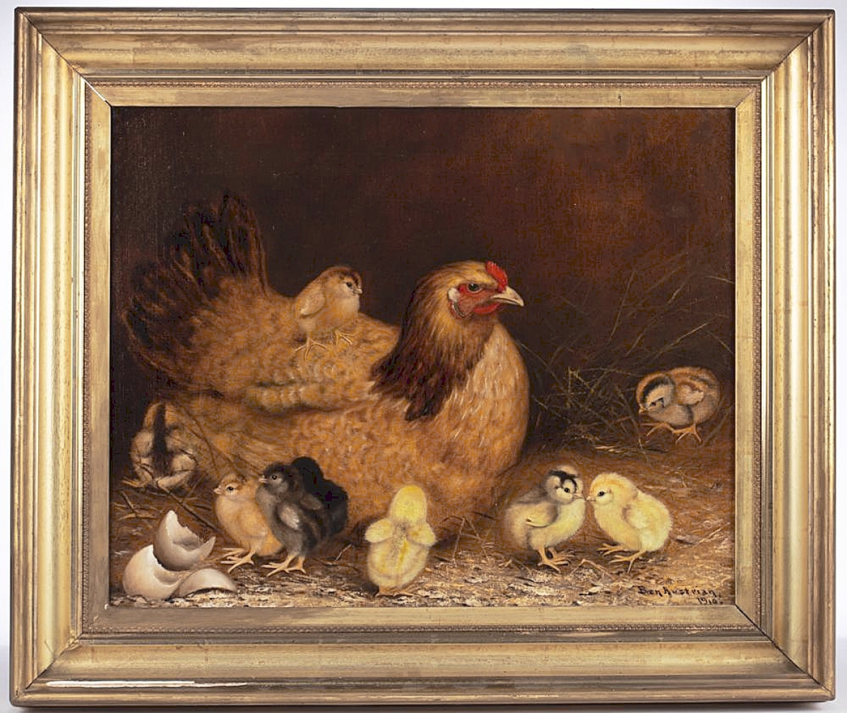 The Breckels collected works made in Berks Co.; this painting of a hen with chicks by Ben Austrian (Berks Co., 1870-1921) charmed bidders; an online bidder snapped it up for $28,680 ($6/9,000).