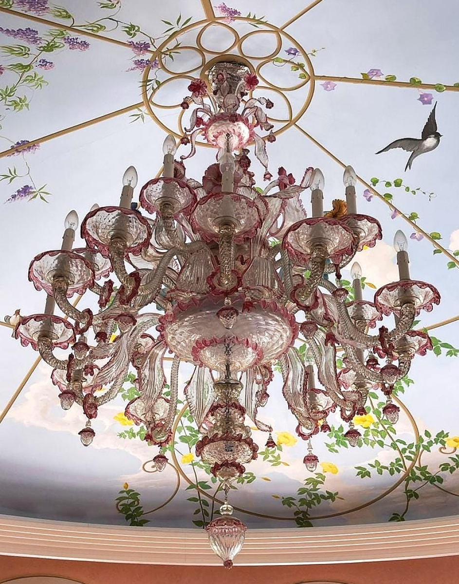 Amazingly well-preserved considering its form and the fact that it’s all glass, this Venetian glass 16-light chandelier in clear glass with pink accents and multicolored flowers was a survivor and was bid to $5,625.