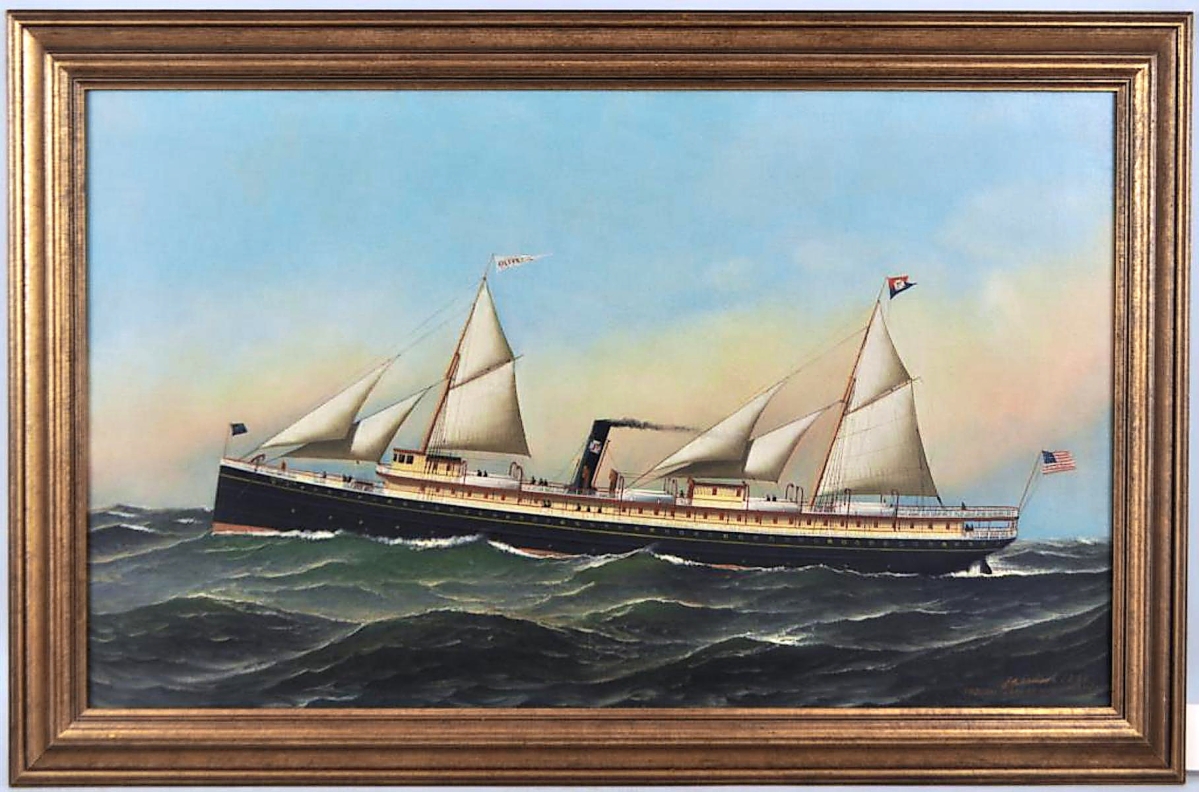 Of the two paintings by Jacobsen in the sale, his “Steamship Olivette” crossed the block first and finished at $20,740. Most of the phone bidders who competed for Jacobsen’s Fred B. Dalzell also pursued the Olivette, but a different bidder prevailed ($4/6,000).