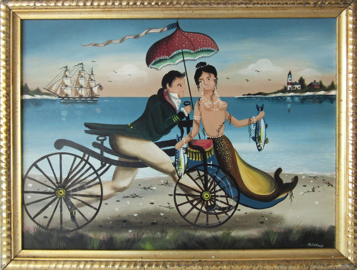 Top lot in the sale was a Ralph Cahoon oil on board view of a sailor and mermaid on a velocipede, which sold to a Rhode Island private collector for $20,060. It measured 12 by 16 inches and was signed lower right.