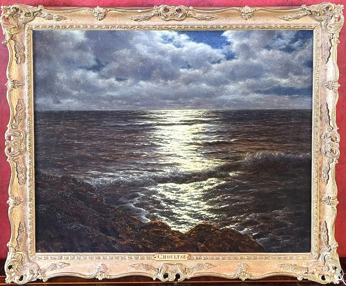 Selling for more than twice its high estimate, this tranquil but moody oil on canvas painting by Ivan Fedorovich Choultse (Russian, 1874-1939) titled “Moonlit Seascape,” 22 by 26 inches and in a gilt frame was bid to $36,250.