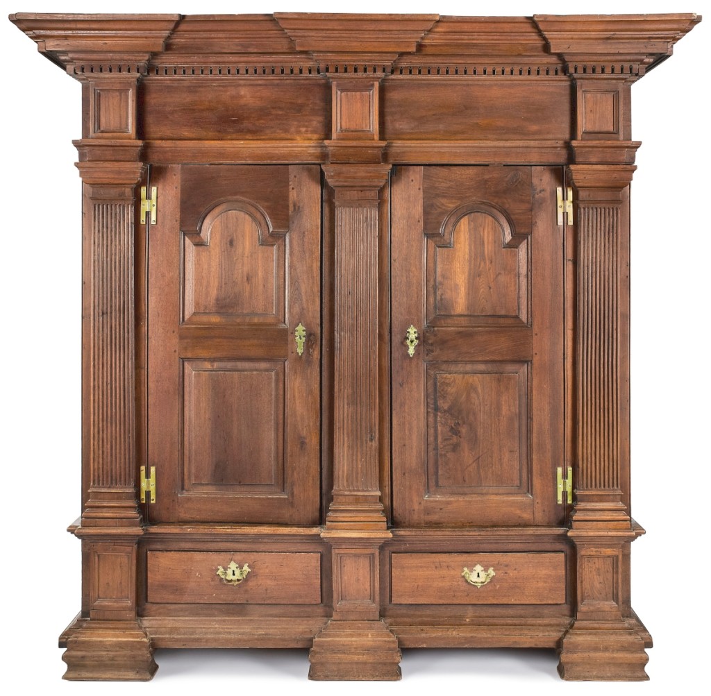 A trade buyer paid $34,440 and the second highest price of the sale for this Lancaster County, Penn., walnut architectural schrank, circa 1770. It had been owned by Chris Machmer ($15/25,000).
