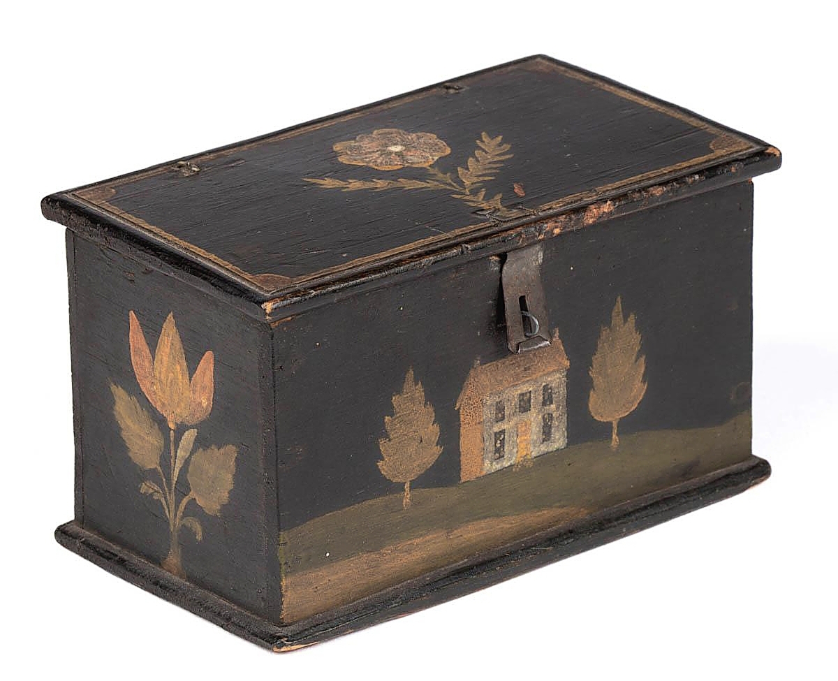 The top lot from the estate collection of Ted and Alvina Breckel was this folk art paint-decorated trinket or dresser box by Jonas or Jacob Weber, Pennsylvania, second quarter Nineteenth Century. Though it was small at just 3 inches high and 5 inches wide, it had everything a collector could want and brought $44,813 from an East Coast dealer bidding on behalf of a client ($4/6,000).