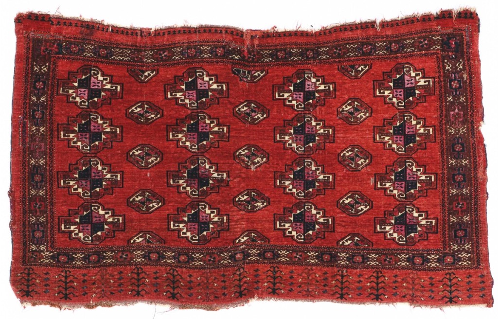 This Salor juval, thought to be early, was won by a phone bidder for $43,750. The 4-foot-6-inch-by-2-foot-10-inch carpet ranks high among similar rare pieces in private collections, and, like the sale’s top lot, was extensively published and exhibited.