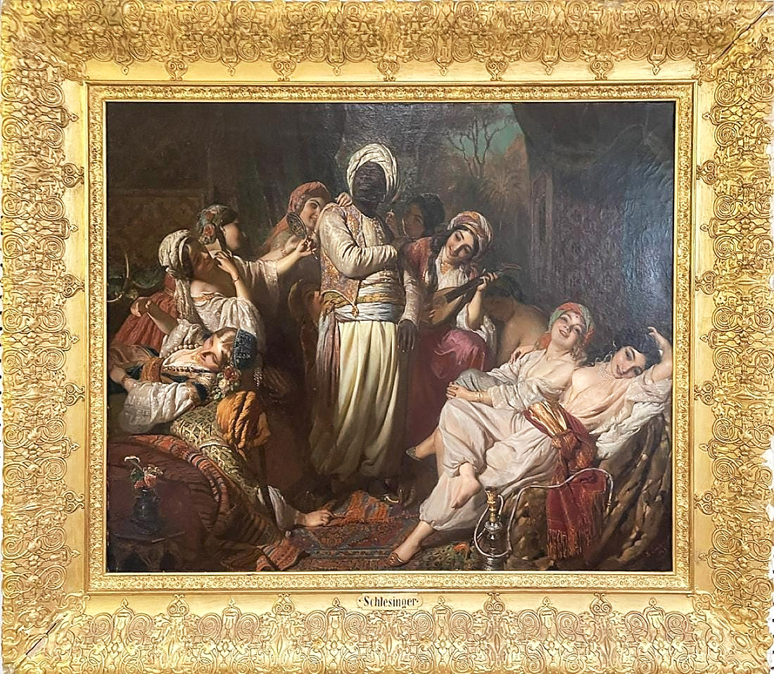 European art dominated the first day, as this Orientalist harem scene by French-German genre painter Henri Guillaume Schlesinger (1814-1893) finished at $57,600. At 31 by 38 inches and signed bottom right H. Schlesinger and dated 1846, the oil on canvas had sold earlier at a Sotheby’s sale.