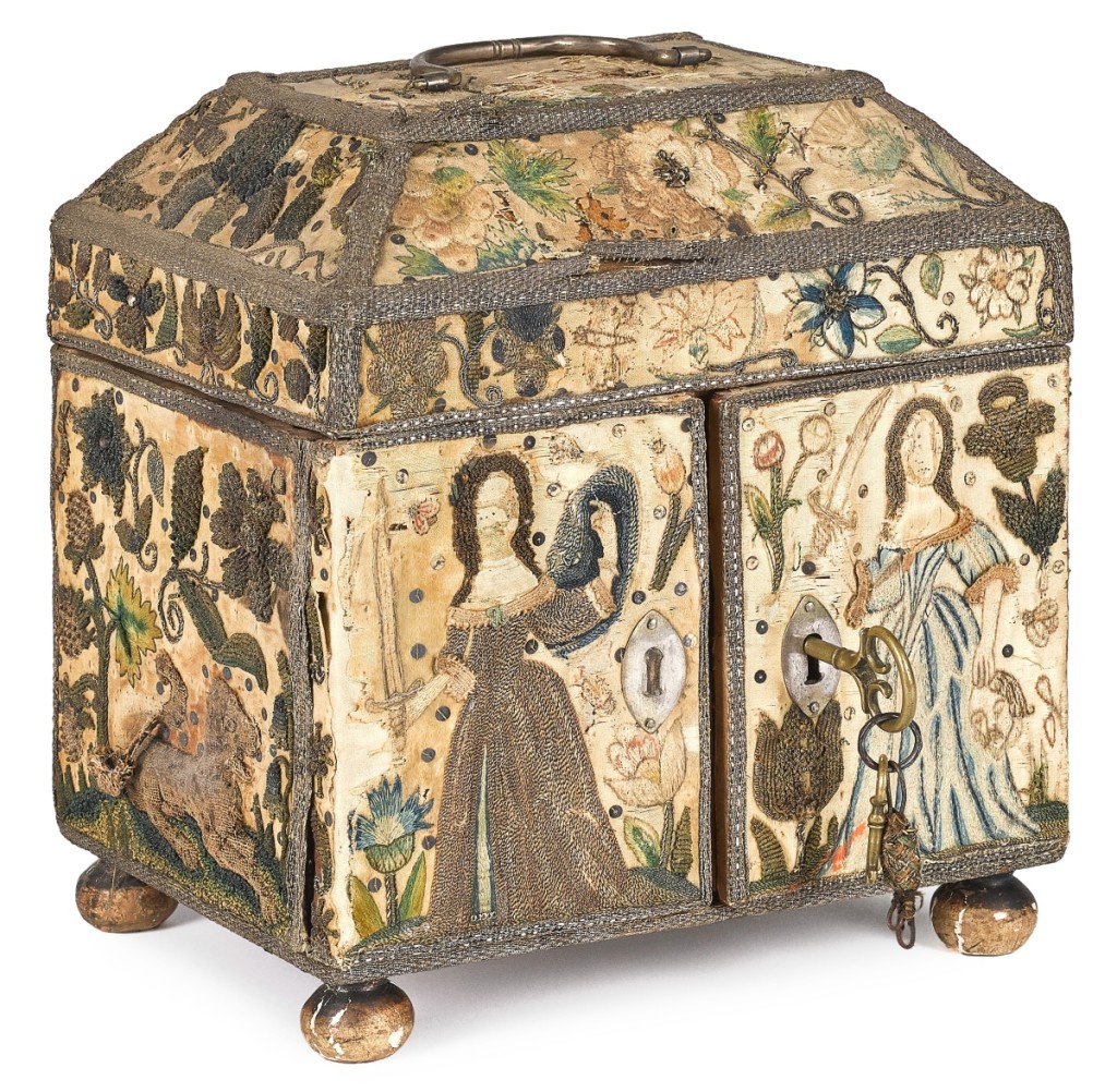 This Charles II stumpwork casket, dated 1653, had an interior with vibrant colored drawers and door inscribed “Ano Dn 1653 EB Aet Suae 16.” Estimated at $ ,000, it made $15,990.