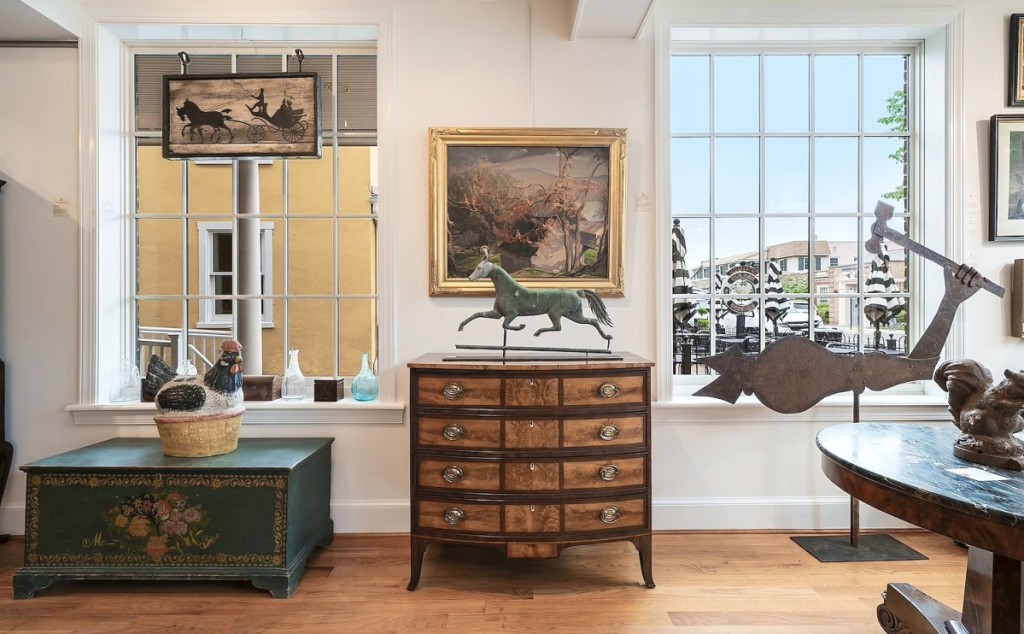 Portsmouth, N.H., 13-panel chest, Schoharie, N.Y., blanket chest,   a painting by Gladys Nelson Smith and an Arm & Hammer weathervane.