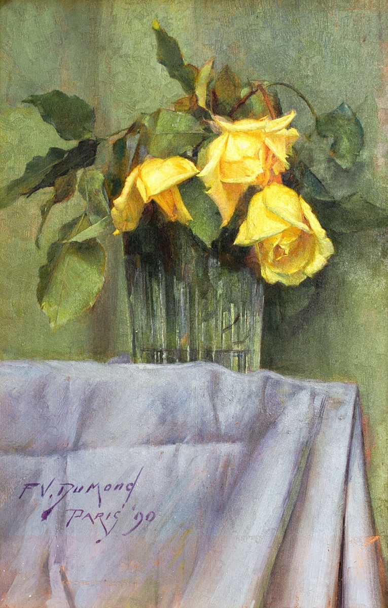 “Yellow Roses” by Frank Vincent DuMond (American, 1865-1951), 1890. Oil on panel. Collection of Douglas & Marcia DuMond.